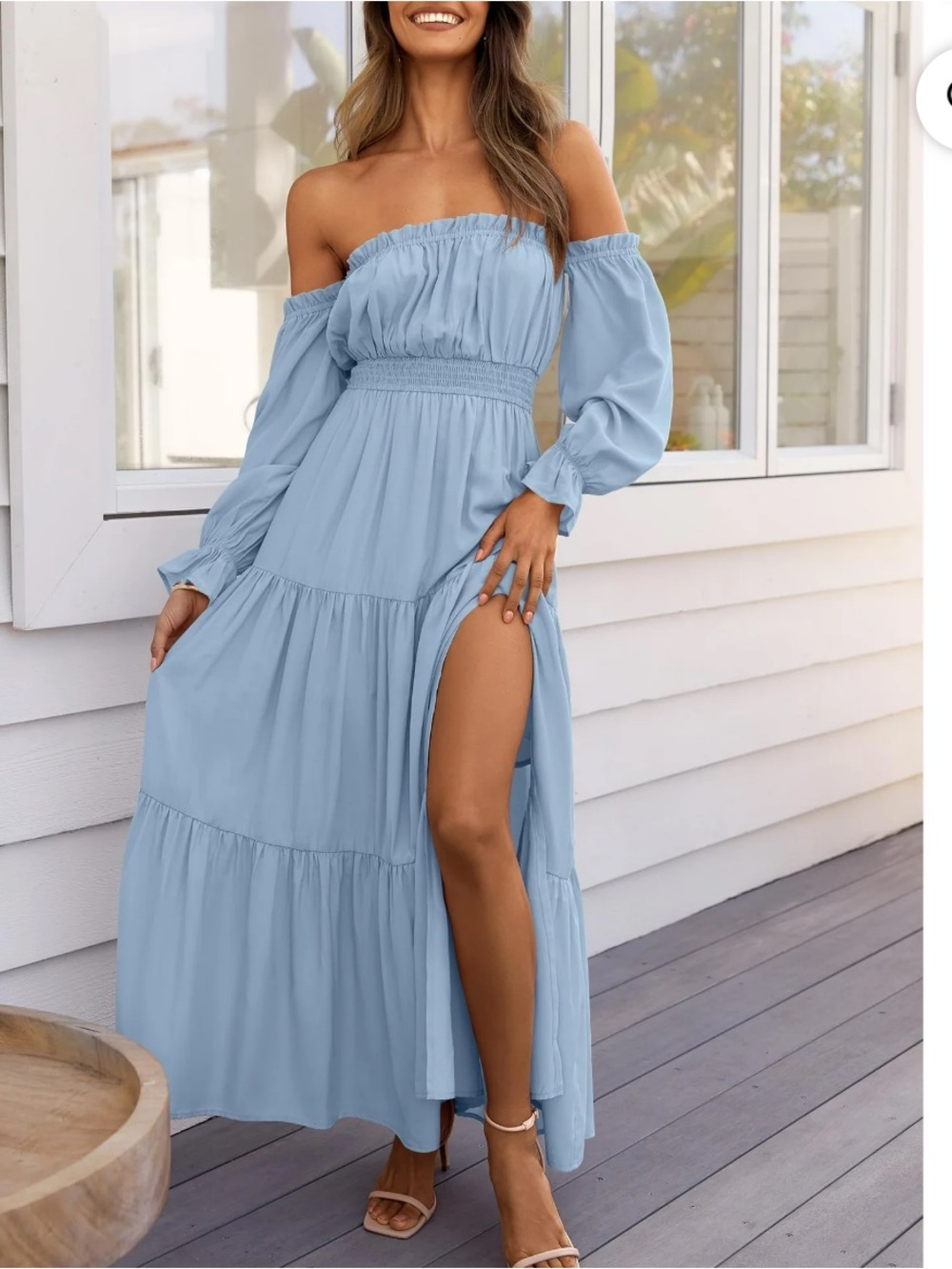 Off-Shoulder Light Blue Maxi Dress with Long Sleeves